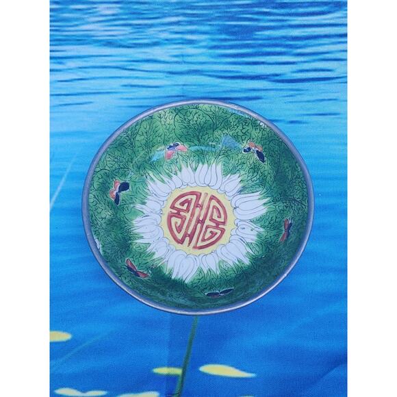 Famille Rose Verte and Bok Choy catchall Encased In Pewter Vintage 4" - Picture 1 of 3